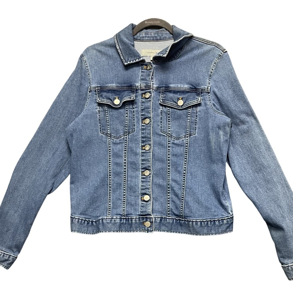 Calvin Klein Jeans‎ Womens XL Blue Denim Trucker Jacket Button Up Stretch Cotton